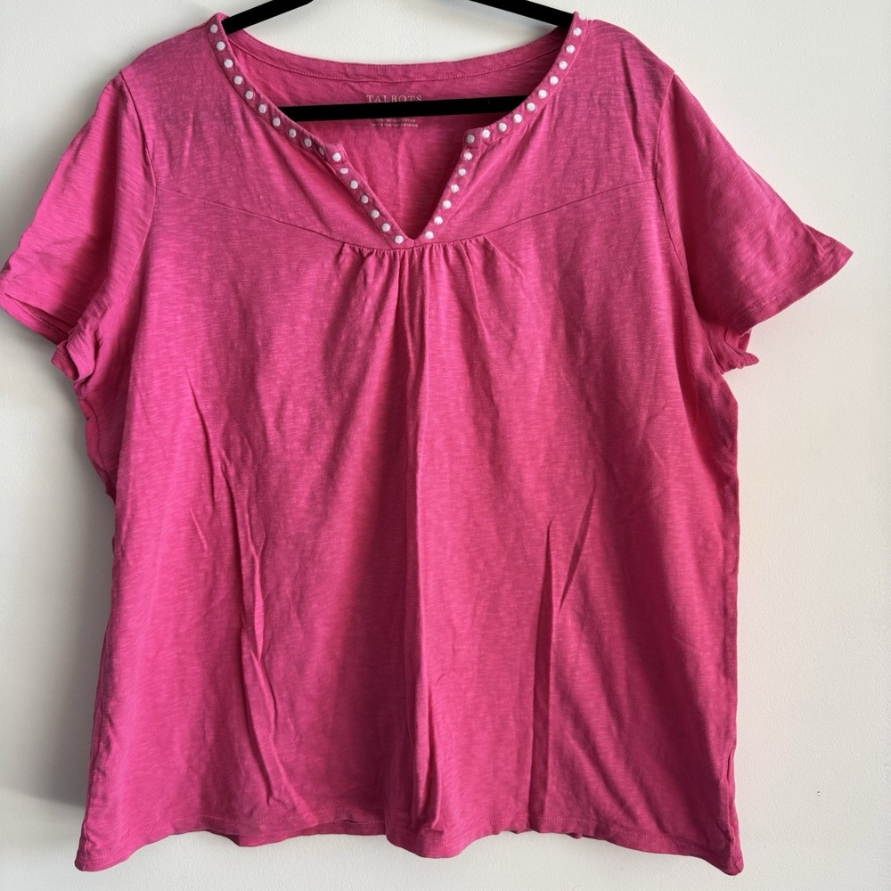 Talbots Women's Short Sleeve Henley Blouse Hot Pink White Embroidery Sz 1X